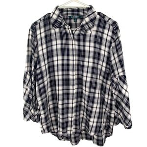 Lauren Ralph Lauren Plaid Blouse Womens SZ M‎ Bell Sleeve Black White Preppy